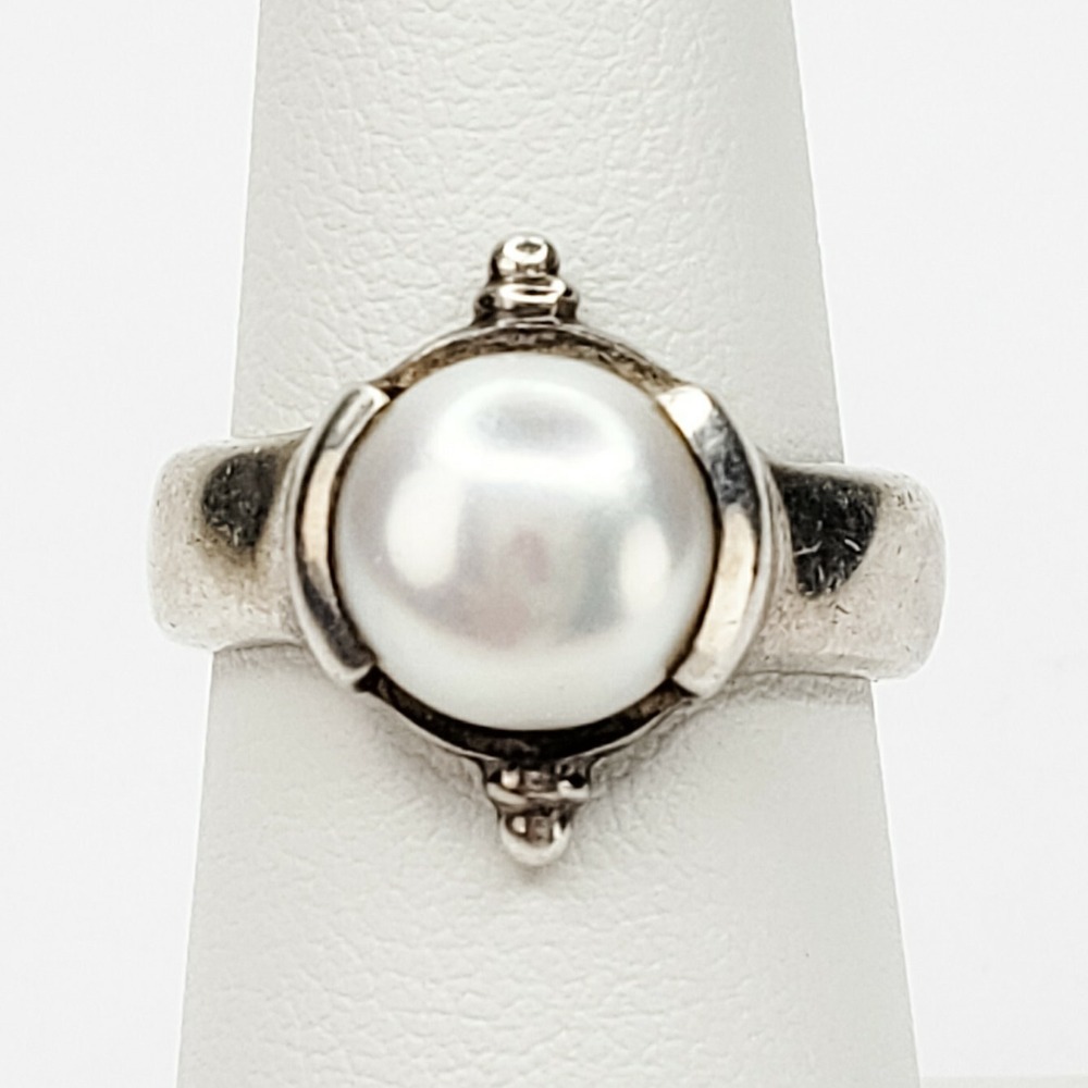 Vintage Cocktail Ring Sterling Silver Size 6.5 White Pearl Modernist 925 8.1g